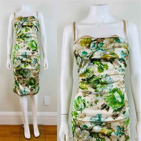 Vintage Dolce Gabbana 1990s 90s Green Floral Stretch Silk Mini 